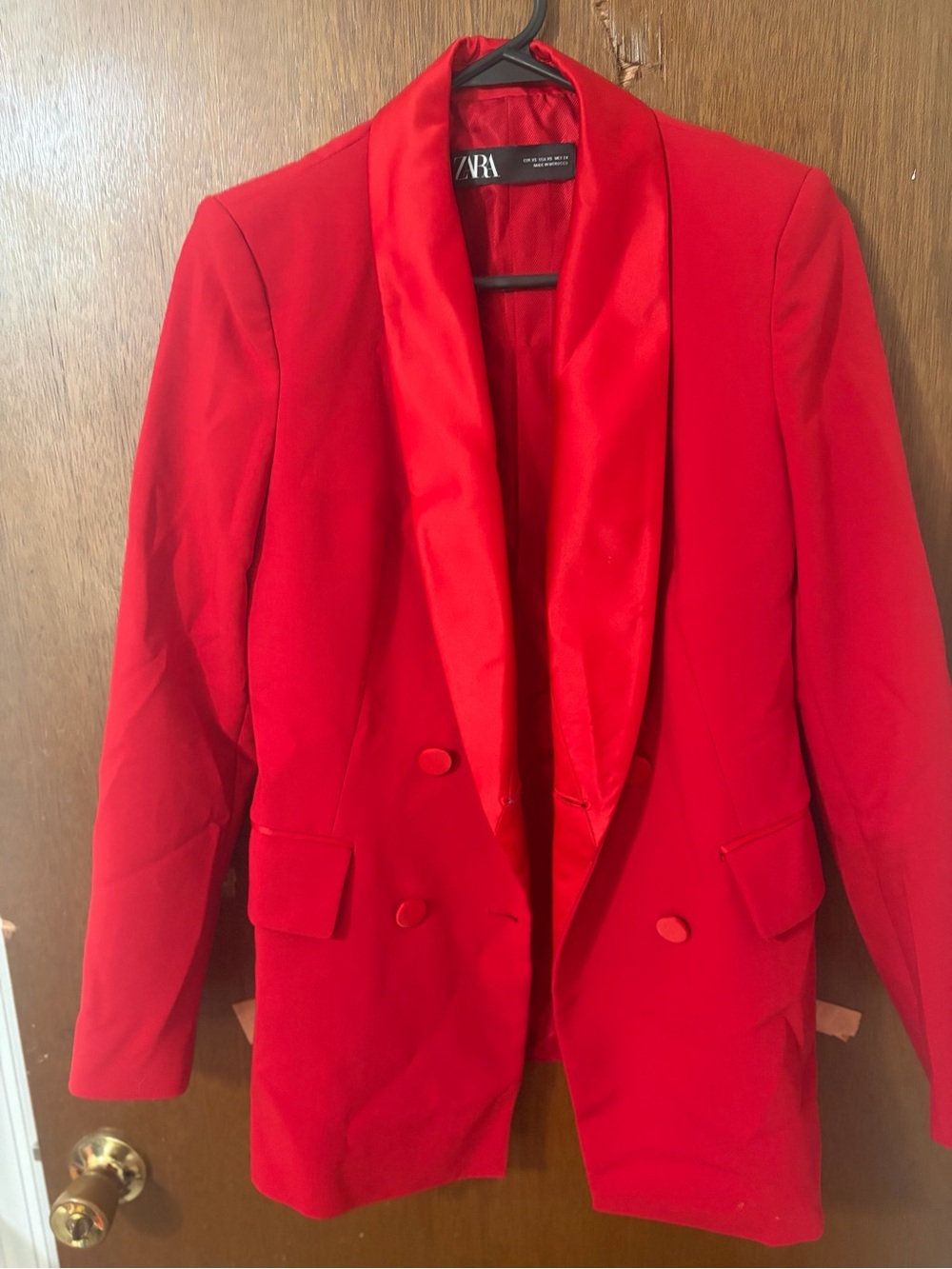 Zara Bright Red Satin-Trim Double-Breasted Blazer